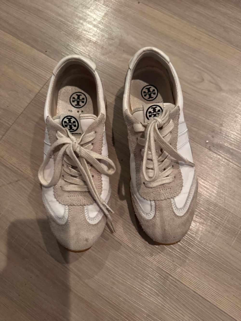 Tory Burch Cream and White Suede Lace-Up Sneakers